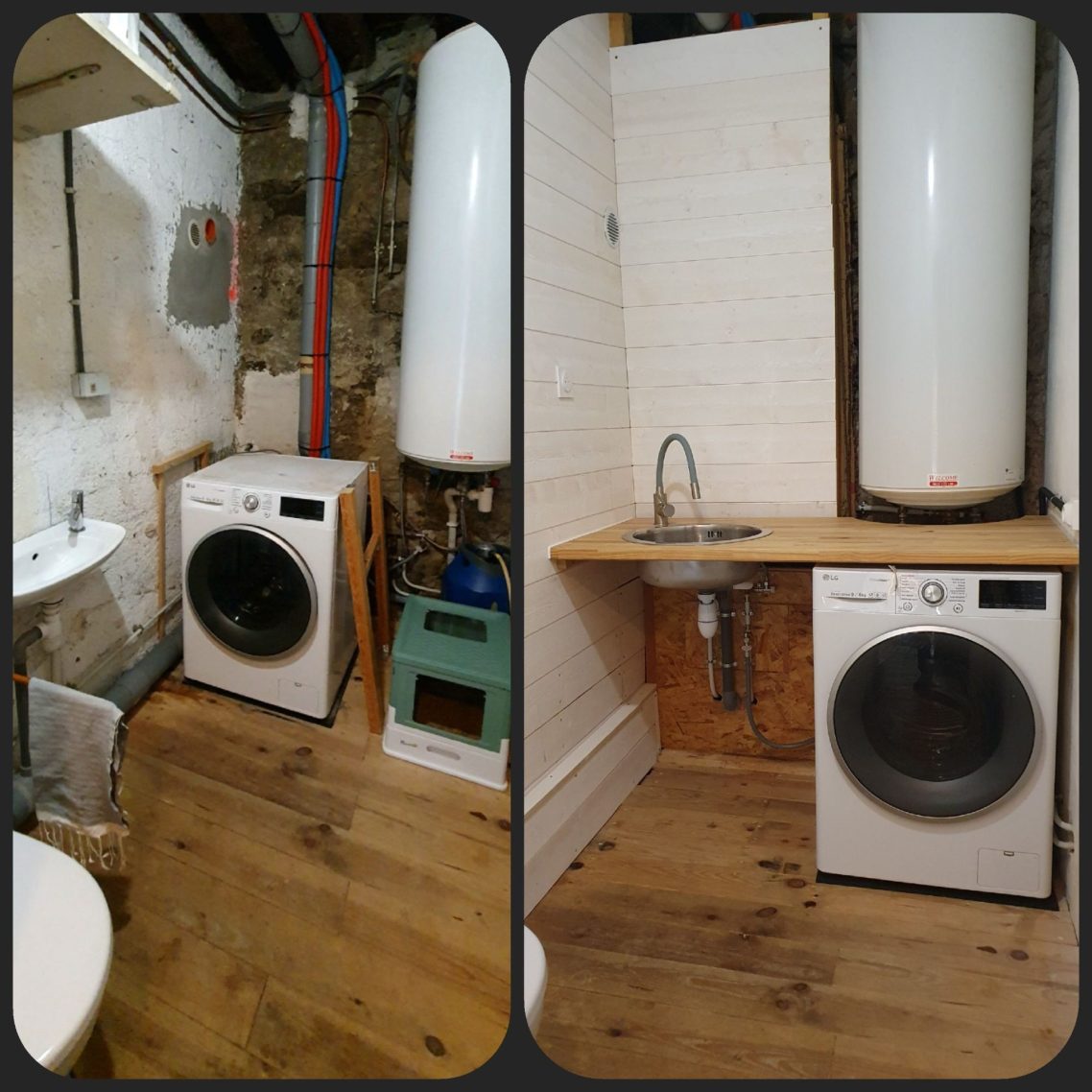 Rénovation partielle Petite rénovation partielle d'une buanderie avec WC : Rehausse du chauffe-eau, modification des WC et du lavabo devenu évier.